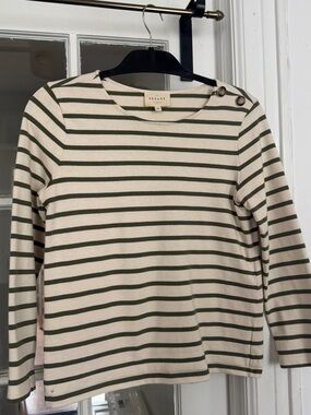 Sezane Cream and Olive Striped Button-Shoulder Top